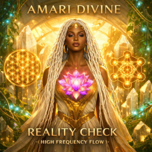 . A centered, majestic female figure of African descent stands in a lush, luminous Solarpunk sanctuary.