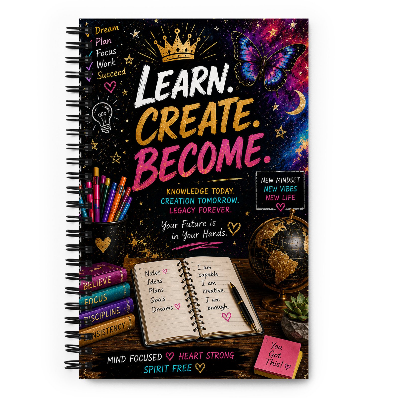 Learn. Create. Become. Inspirational Spiral Notebook